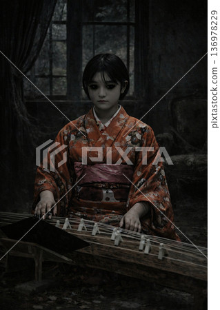 一位身著日式服裝的少女在光線昏暗的廢棄房屋中彈奏箏 | 一幅充滿奇幻色彩的日式暗黑肖像 136978229