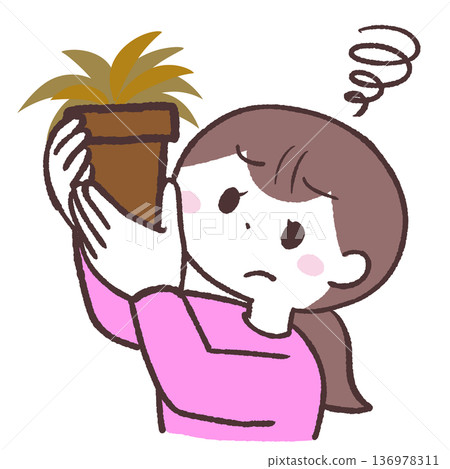 一位女士手捧一盆枯萎的盆栽植物的插圖 一位女士手捧一盆枯萎的盆栽植物的插圖 136978311