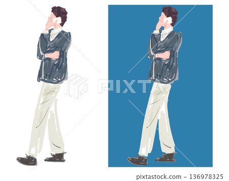 一組插圖,描繪了一位身穿夾克的男士正在使用智慧型手機通話。包含背景和沒有背景的版本。 一組插圖,描繪了一位身穿夾克的男士正在使用智慧型手機通話。包含背景和沒有背景的版本。 136978325