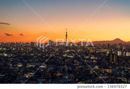Aerial view of Tokyo, Tokyo dyed orange from above near Yagiri 136978327