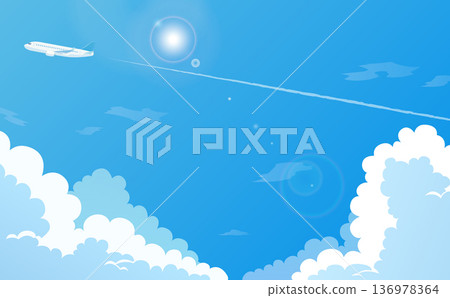 Illustration of an airplane, blue sky and clouds_horizontal 136978364