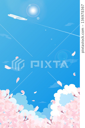 Cherry blossoms, blue sky, and airplane illustration 1_vertical Cherry blossoms, blue sky, and airplane illustration 1_vertical 136978367