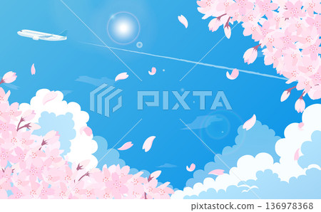Cherry blossoms, blue sky, and airplane illustration 2_horizontal Cherry blossoms, blue sky, and airplane illustration 2_horizontal 136978368