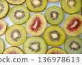 Background material of kiwi fruit with cut kiwis lined up 136978613