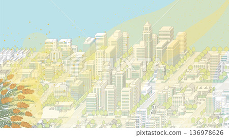 A cityscape hazy with pollen and yellow sand. Isometric cityscape. 136978626