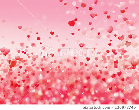 Many red, pink and white heart shapes floating from bottom to top on a pale pink background 136978740