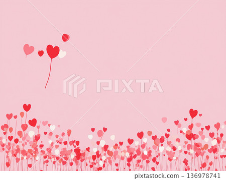 Many red, pink and white heart shapes floating from bottom to top on a pale pink background 136978741