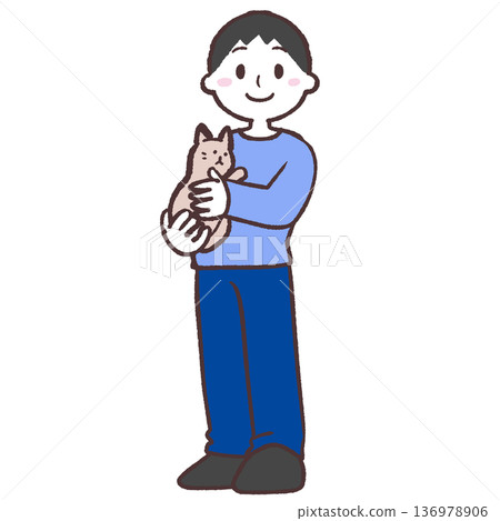Illustration of a man hugging a cat 136978906