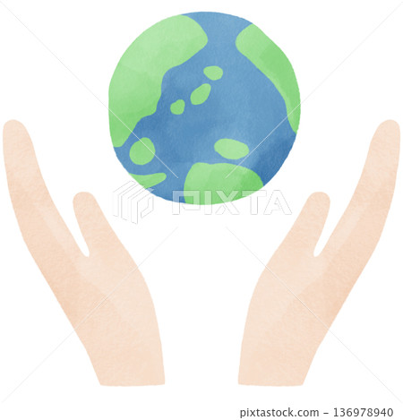 Watercolor illustration of the Earth floating in the palm of your hand | Environmental protection, sustainability, SDGs, global environment 136978940