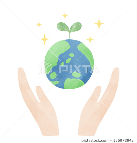 Watercolor illustration of the Earth floating in the palm of your hand | Environmental protection, sustainability, SDGs, global environment 136978942