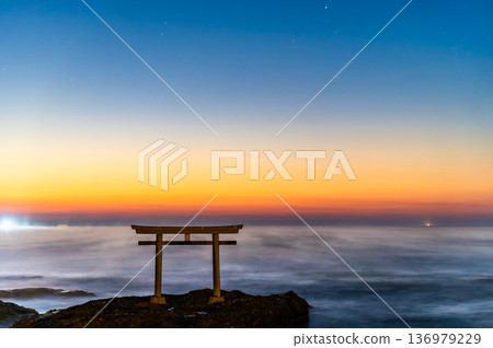 Ibaraki Oarai Isosaki Shrine Kamiiso no Torii Gate at dawn 136979229