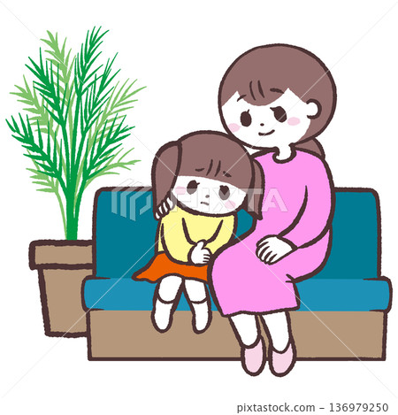 Illustration of a woman comforting a girl sitting on a sofa 136979250