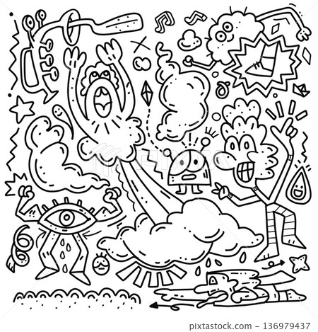 Playful cartoon monster, cloud, robot, and eye character in whimsical doodle style line art Playful cartoon monster, cloud, robot, and eye character in whimsical doodle style line art 136979437