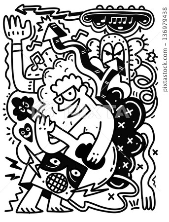 Groovy cartoon musician playing guitar, surrounded by abstract shapes, music notes 136979438