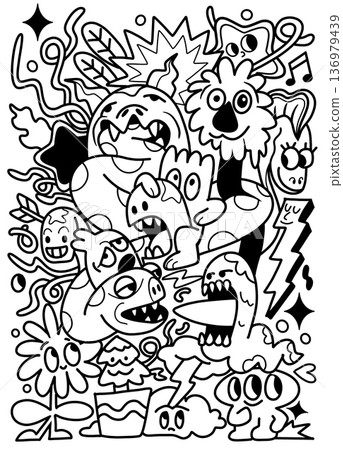 Cartoon monster doodle black white abstract playful expressive quirky line art 136979439