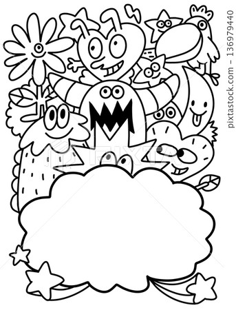 Cute monster cartoon doodle flower bird cloud happy black and white outline fun Cute monster cartoon doodle flower bird cloud happy black and white outline fun 136979440