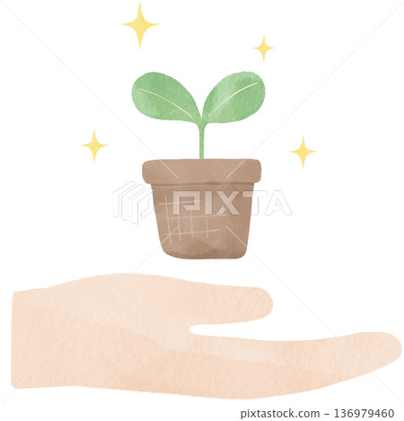 Watercolor illustration of a leaf floating in the palm of your hand | Environmental protection, sustainability, growth, SDGs, nature 136979460