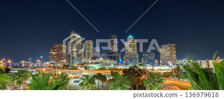 American city skyline of Tampa in Florida. Brightly illuminated commercial buildings and streets. Night urban landscape of downtown district in USA. 136979618