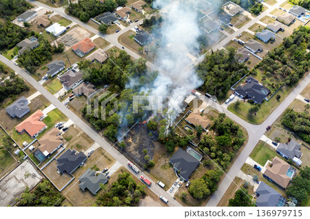 Wildfire engulfs Florida wooded area near residential zone with fire trucks on site and crews working to stop the spread. Vegetation fire in dry season 136979715