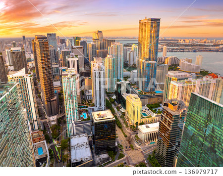 Miami Brickell in Florida, USA at sunset. View from above of skyscraper buildings in downtown district. American megapolis with business financial district 136979717