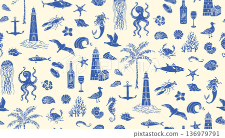 Hand Drawn Coastal Living Seamless Pattern Ocean Travel Mediterranean Summer Mood Seaside Aesthetic 136979791