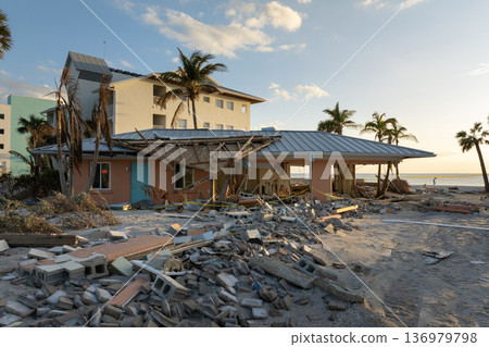 Destroyed house on ocean shore. Hurricane Milton consequences on Manasota Key, Florida. Storm surge severe damage Destroyed house on ocean shore. Hurricane Milton consequences on Manasota Key, Florida. Storm surge severe damage 136979798