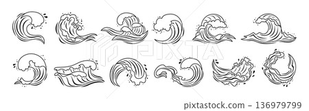 Sea Wave Doodle Set Various Water Splashes Flowing Waves Abstract Ocean Shapes Fluid Aquatic Forms Sea Wave Doodle Set Various Water Splashes Flowing Waves Abstract Ocean Shapes Fluid Aquatic Forms 136979799
