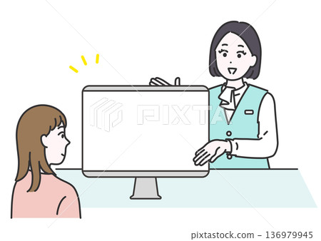 Image illustration of a business woman pointing at a computer monitor and explaining to a partner Image illustration of a business woman pointing at a computer monitor and explaining to a partner 136979945