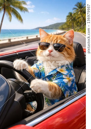 夏天，一輛紅色敞篷車和一隻穿著夏威夷襯衫的棕白相間的貓沿著海邊奔跑。 136979987