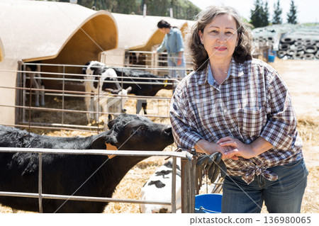 Mature female farmer posing at the cow farm 136980065