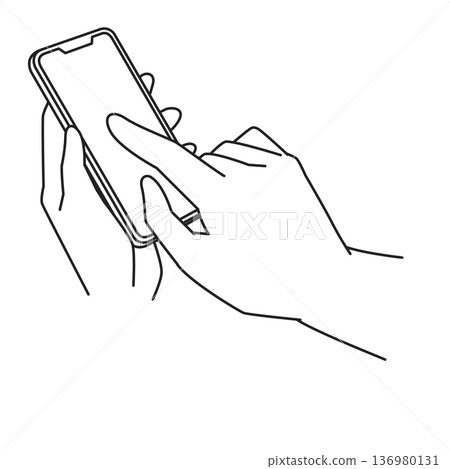 Line drawing illustration of a hand operating a smartphone Line drawing illustration of a hand operating a smartphone 136980131