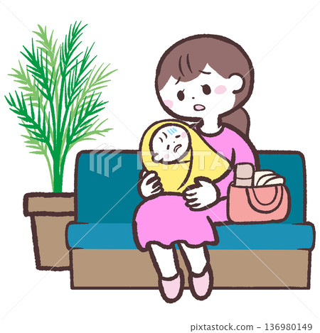 Illustration of a woman holding a sick baby sitting in a lobby Illustration of a woman holding a sick baby sitting in a lobby 136980149