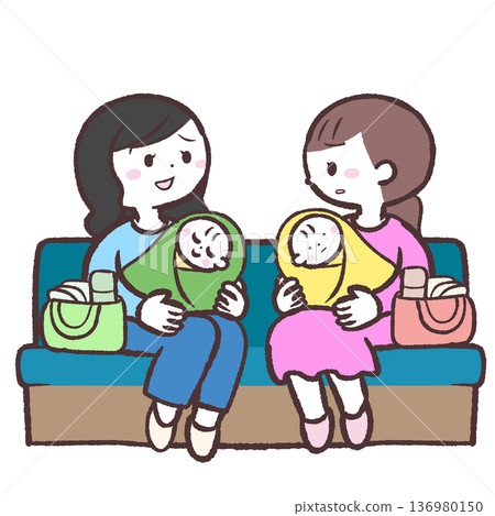 Illustration of a bad mood of mothers sitting on a sofa and holding babies Illustration of a bad mood of mothers sitting on a sofa and holding babies 136980150