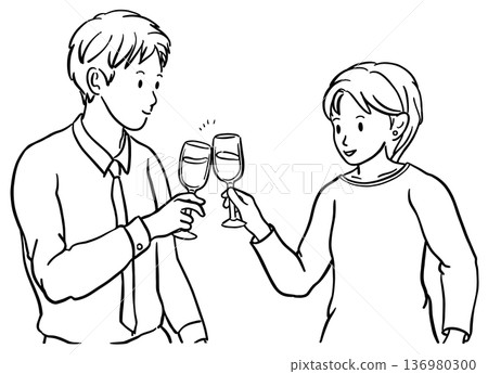 Line drawing of a man and woman toasting with wine Line drawing of a man and woman toasting with wine 136980300