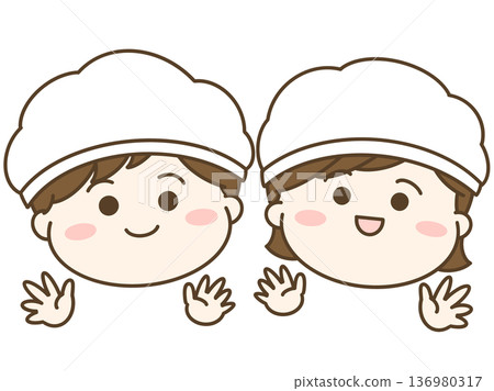 Two children wearing school lunch uniforms Two children wearing school lunch uniforms 136980317