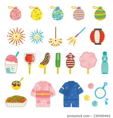 Summer festival illustration set, festival stall, children, hand-drawn, simple, flat material Summer festival illustration set, festival stall, children, hand-drawn, simple, flat material 136980468