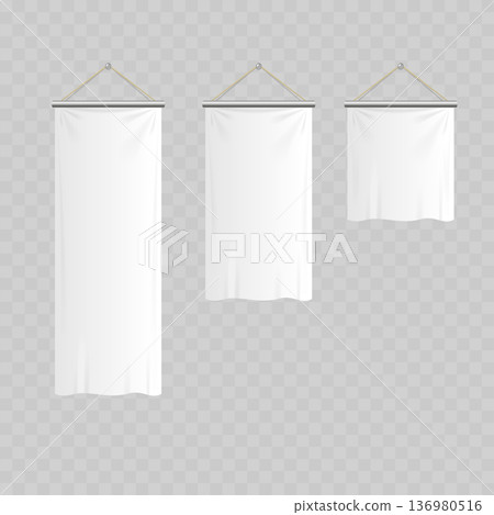 Realistic White Textile Banner Mockup Set. Vector Hanging Wall Flag, Scroll or Pennant Templates. 136980516