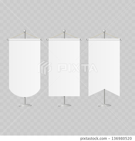 Realistic White Textile Banner Mockup Set. Vector Hanging Wall Flag, Scroll or Pennant Templates. 136980520