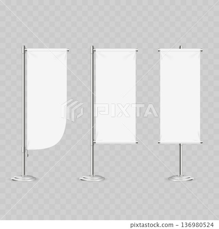 Realistic White Vertical Banner Mockup Set. Vector Trade Show Stand and Advertising Flag Templates on Metal Poles. Realistic White Vertical Banner Mockup Set. Vector Trade Show Stand and Advertising Flag Templates on Metal Poles. 136980524