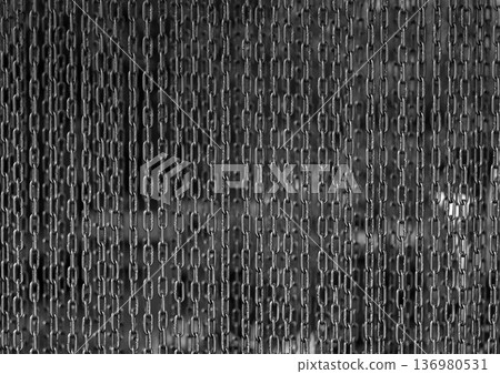 Abstract monochrome texture of heavy iron chains hanging in vertical rows. Industrial metal pattern background representing strength, security, and connection Abstract monochrome texture of heavy iron chains hanging in vertical rows. Industrial metal pattern background representing strength, security, and connection 136980531