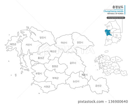 A map of Chungcheongnam-do that shows administrative districts with black lines on a white background A map of Chungcheongnam-do that shows administrative districts with black lines on a white background 136980640