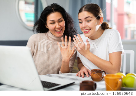 Two women informing friends about marriage online Two women informing friends about marriage online 136980648