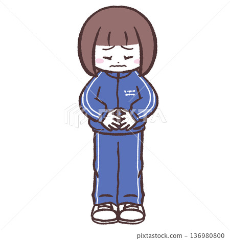 圖：一個身穿藍色運動衫的女孩摀著肚子 136980800
