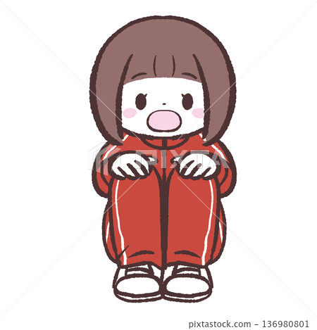 圖：一個穿著紅色運動衫的女孩坐在地上，嘴巴張得大大的。 136980801