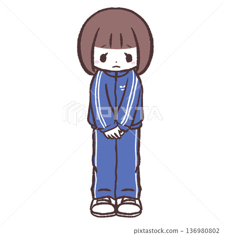 圖解：一個身穿藍色運動衫的女孩低頭看著地面。 136980802