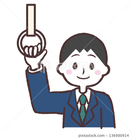 Illustration of a smiling man holding onto a strap 136980914