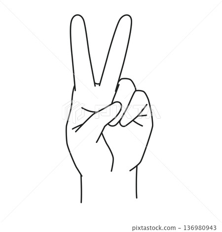 Line drawing illustration of left hand counting to 2: Peace sign 136980943