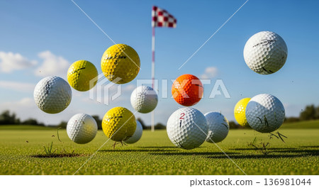 綠茵的高爾夫球場草坪和一顆跳躍的高爾夫球 136981044