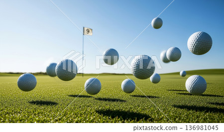 綠茵的高爾夫球場草坪和一顆跳躍的高爾夫球 136981045
