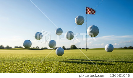 綠茵的高爾夫球場草坪和一顆跳躍的高爾夫球 136981046